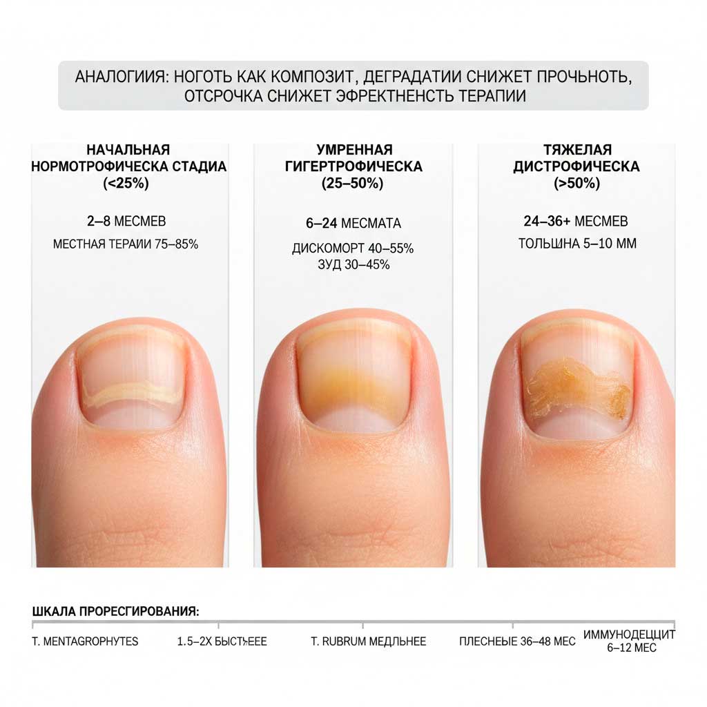 Стадии развития онихомикоза от заражения до разрушения ногтя